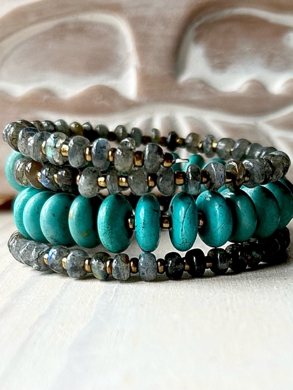 Handcrafted Natural Labradorite and Howlite Wrap Bracelet - 2.25” diameter
